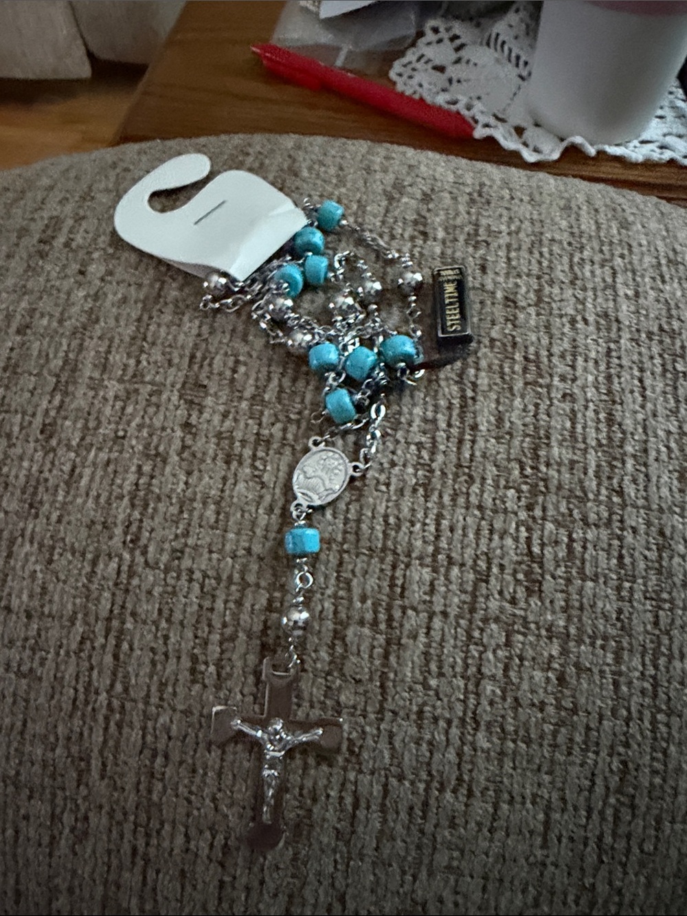 Silver Rosary Necklace with Turquoise Beads by SteelTime.
